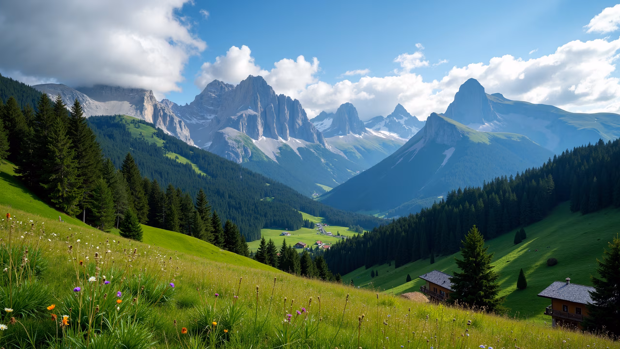 A stunning mountain valley landscape with snow-capped peaks, lush green valleys, and dense pine forests.