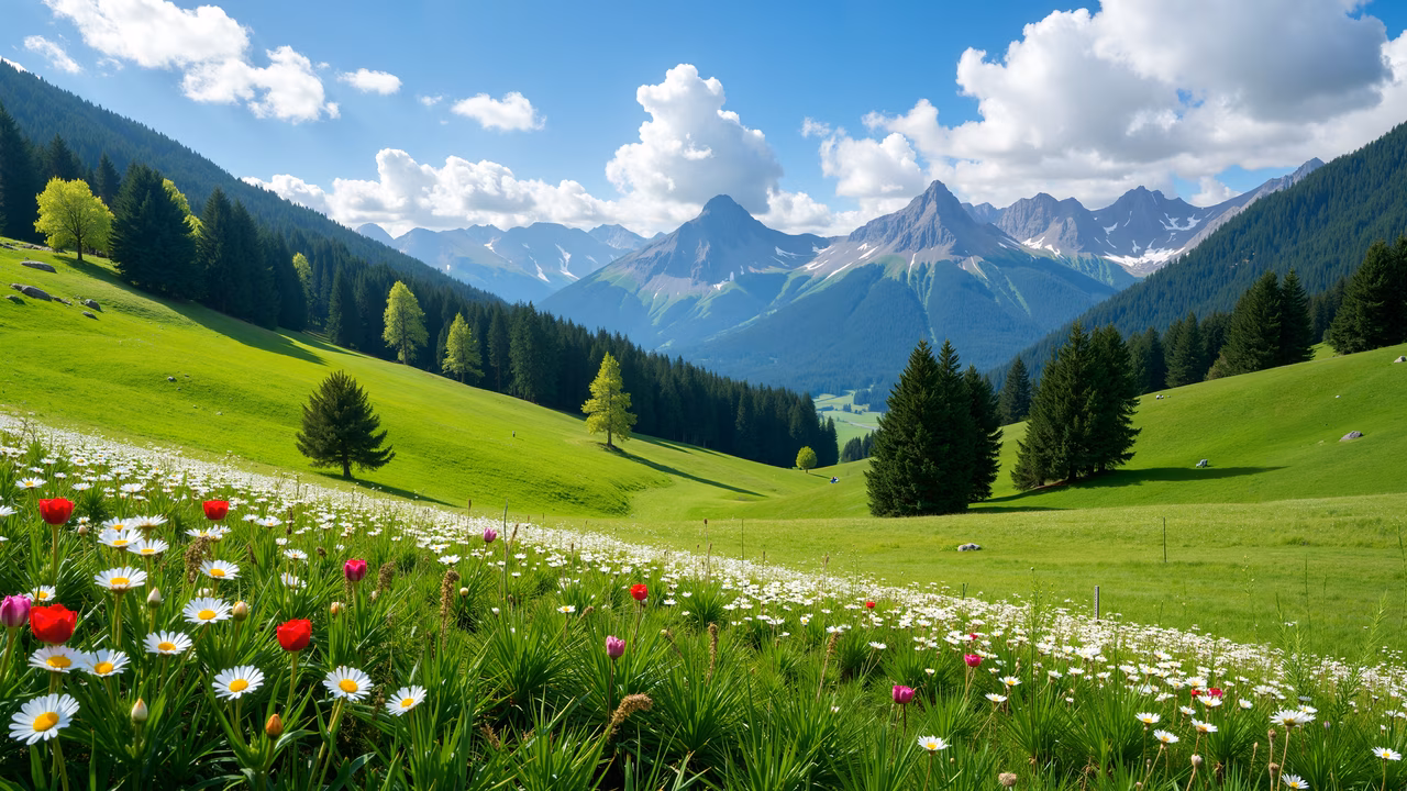 A picturesque mountain valley with blooming flowers and lush greenery under a bright blue sky.