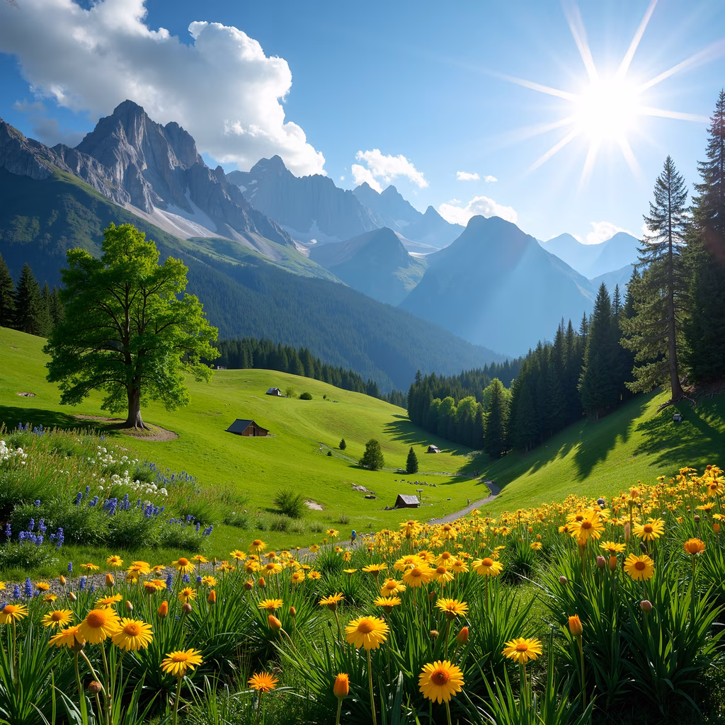 A picturesque mountain valley with vibrant flowers and towering peaks under bright sunlight.