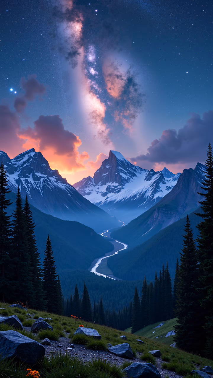 A tranquil night scene in a mountain valley with snow-covered peaks and a winding river, illuminated by a colorful nebula and stars.