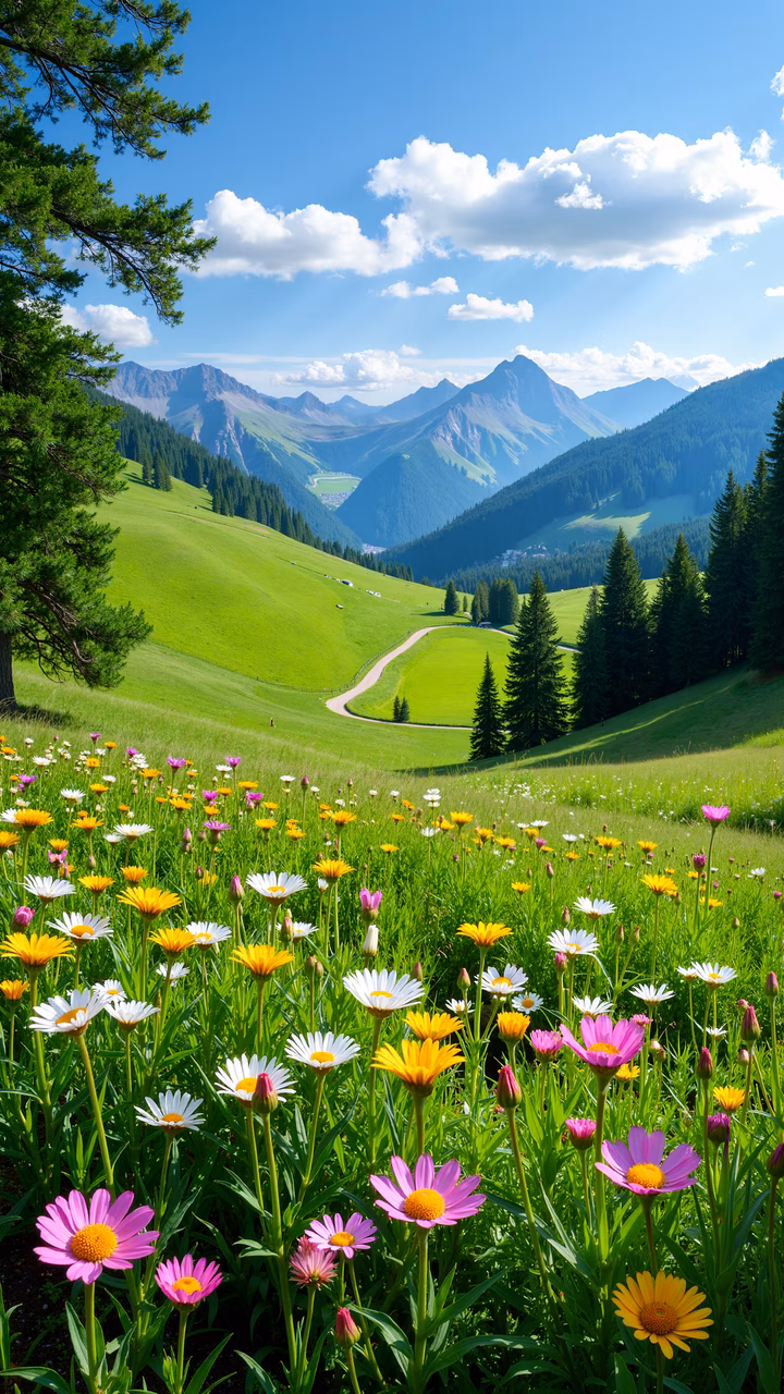 Vibrant mountain valley with colorful flowers and majestic mountains under a bright blue sky.