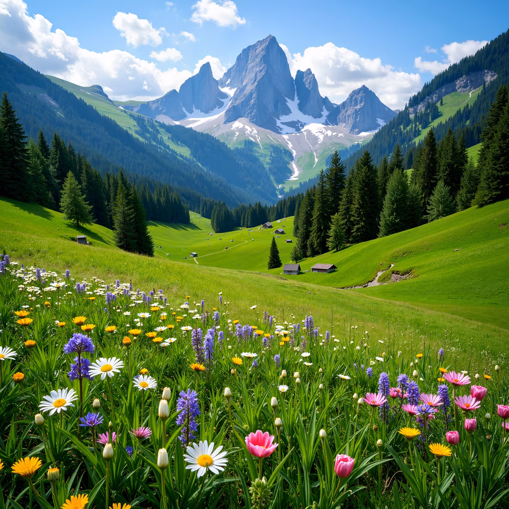 A stunning mountain valley with colorful flowers and lush green hills under bright sunlight.