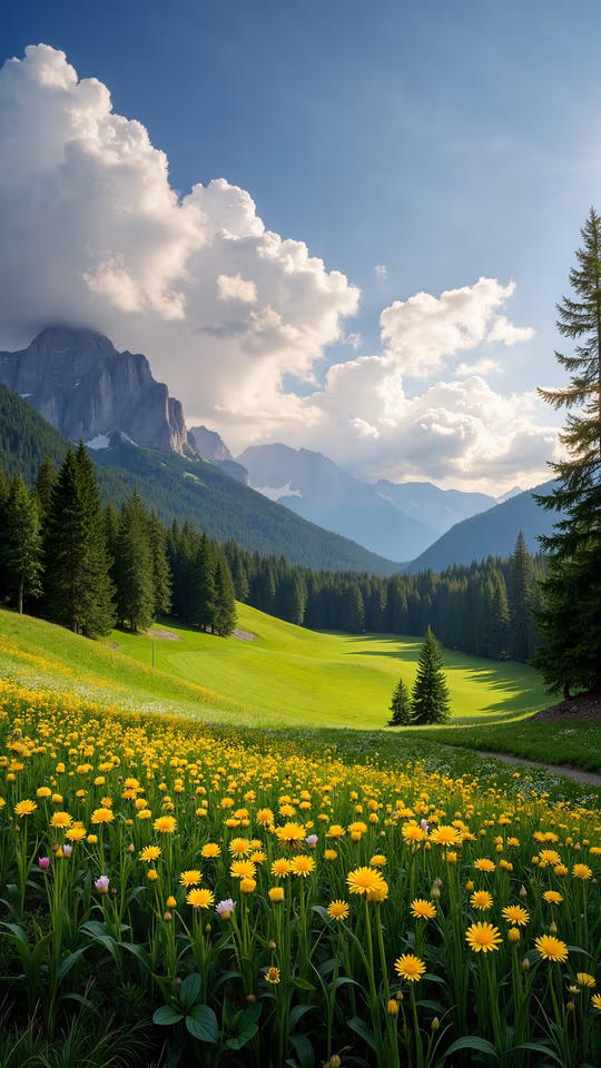 Mountain Valley with Yellow Flowers