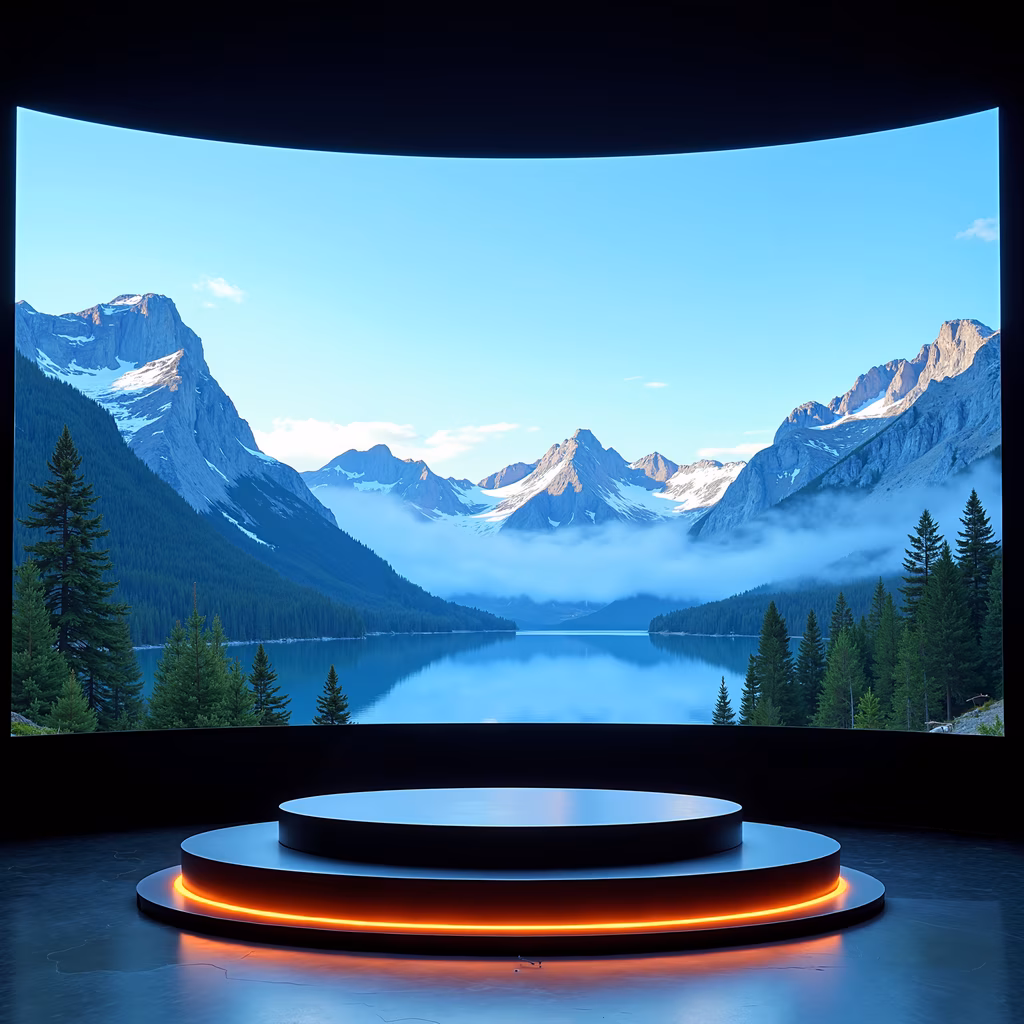 A serene mountain landscape with snow-capped peaks and a tranquil lake, framed by dense evergreen forests, contrasted by a modern circular podium with glowing orange lights.