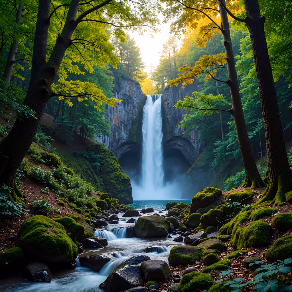 A mystical waterfall surrounded by a lush forest, featuring vibrant greenery and a misty atmosphere.