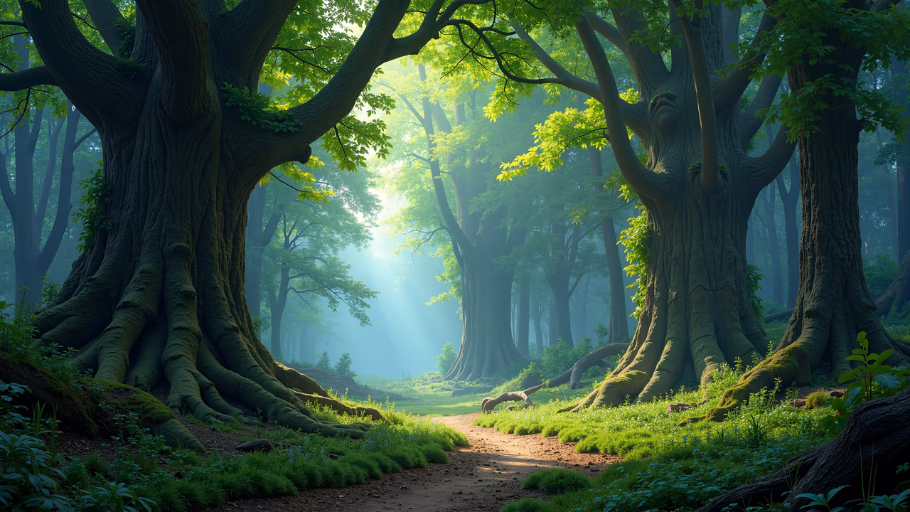 Enchanting mystical forest illustration with towering trees and lush greenery, capturing serenity and wonder.