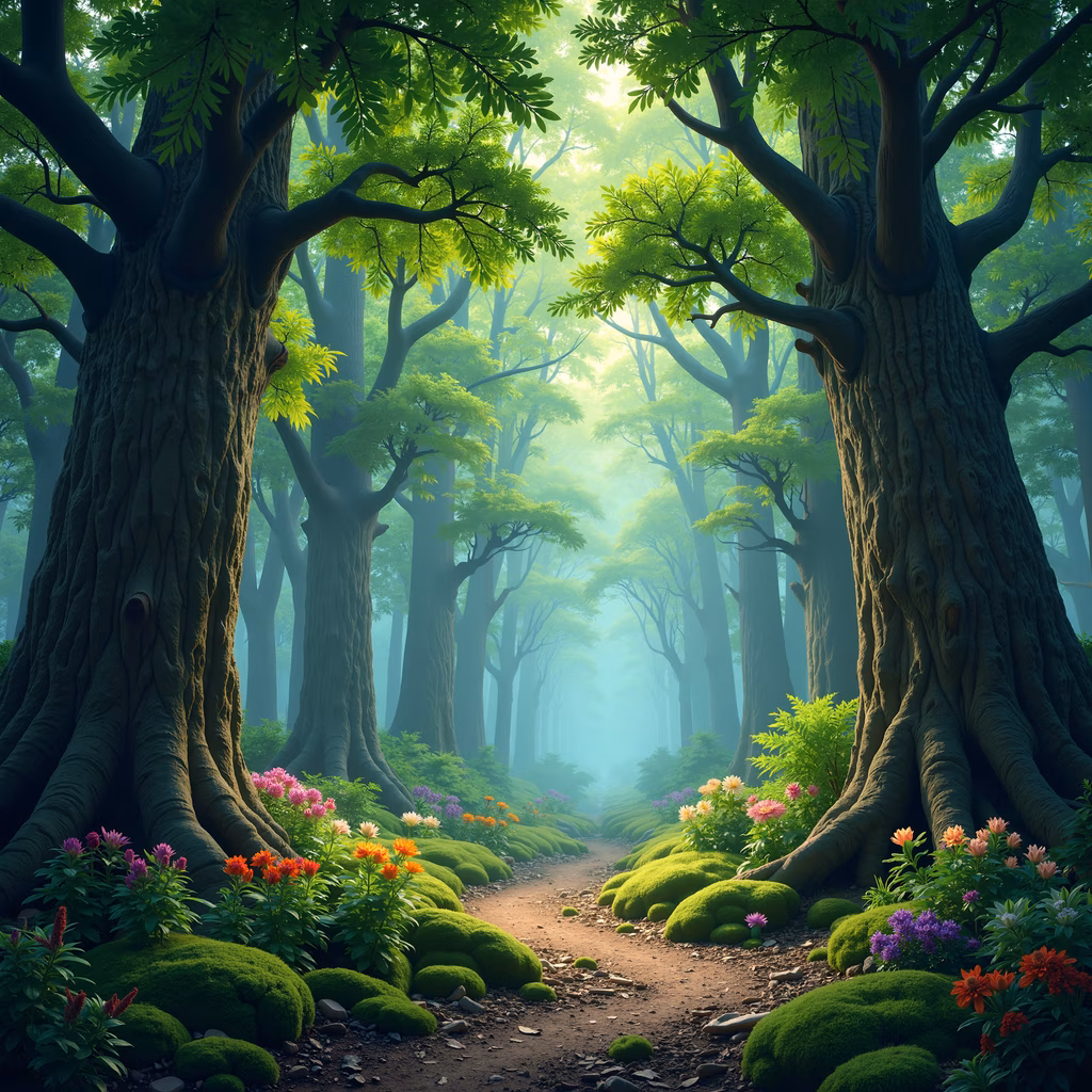 A mystical forest path surrounded by towering trees and vibrant flowers, bathed in soft, diffused light.