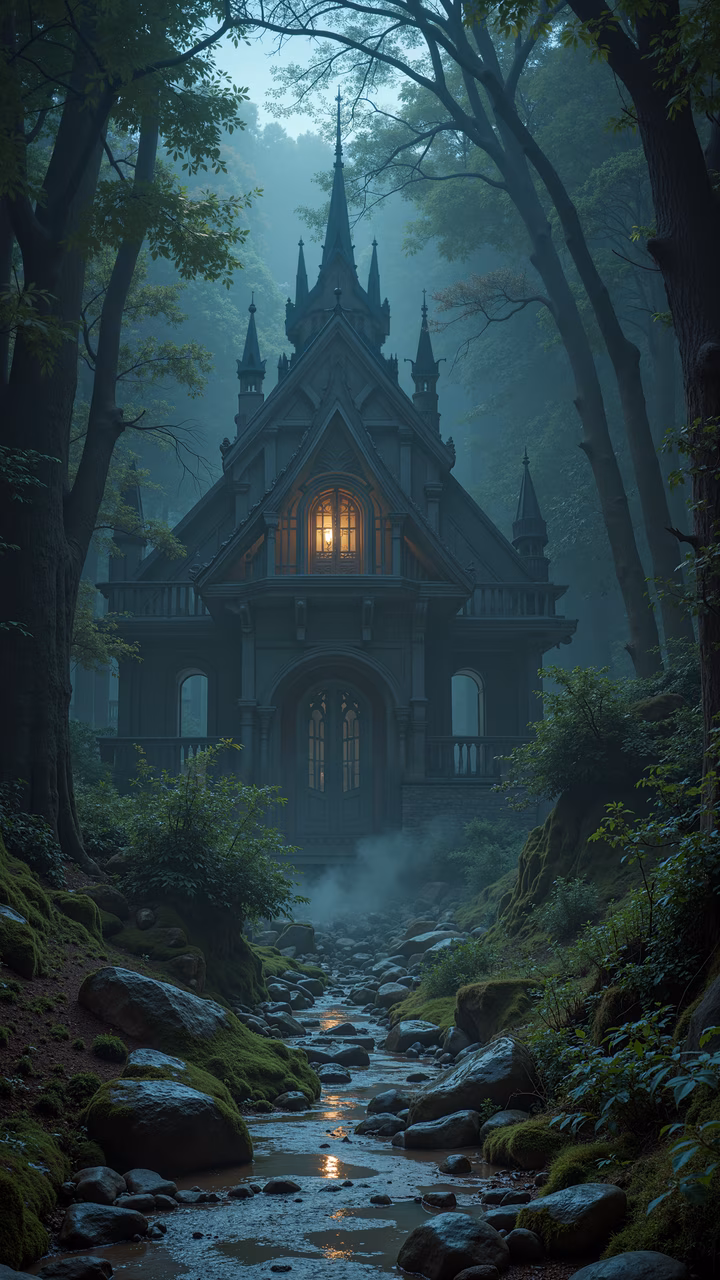 A gothic castle in a forest, illuminated by warm light, surrounded by moss and a stream, evoking mystery and enchantment.