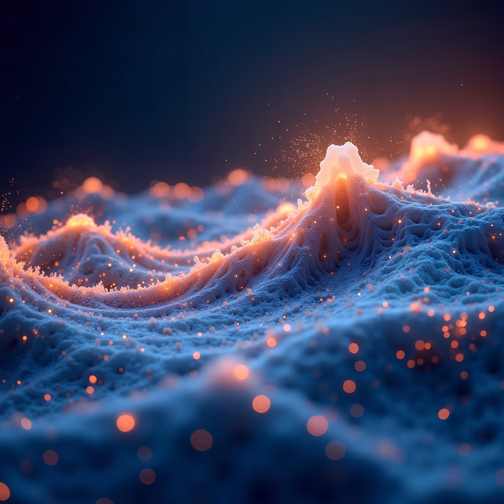 A mystical landscape with frost-covered hills and glowing light, evoking wonder and mystery.
