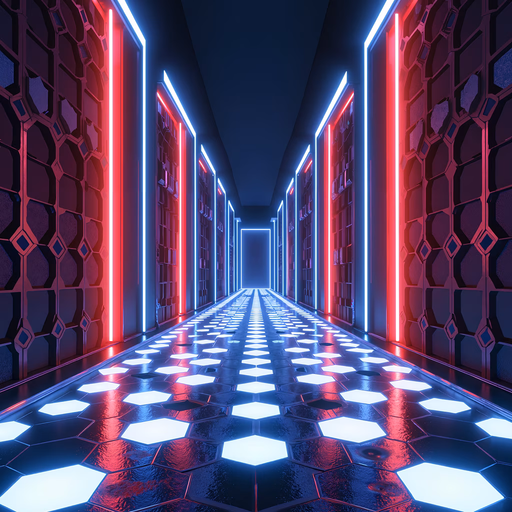 Futuristic neon-lit pathway with hexagonal tiles and geometric wall patterns.