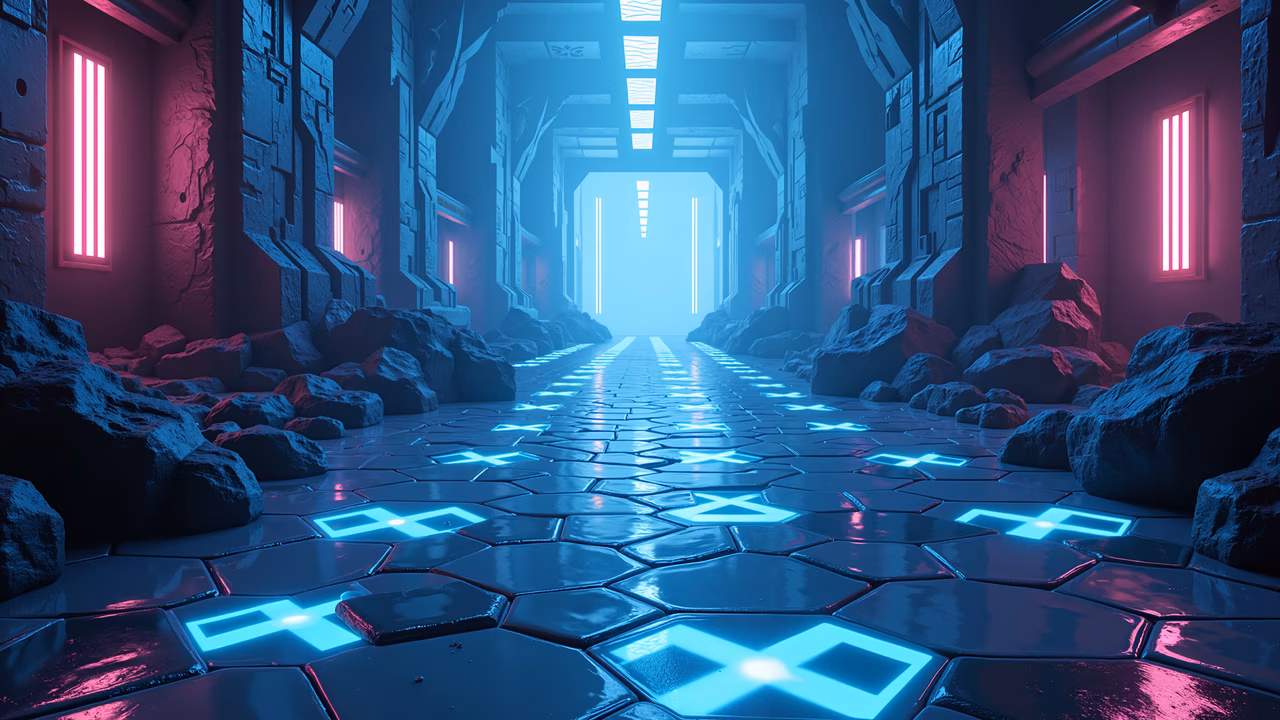 A neon-lit pathway leading to an illuminated doorway, featuring intricate stone carvings and glowing lights.