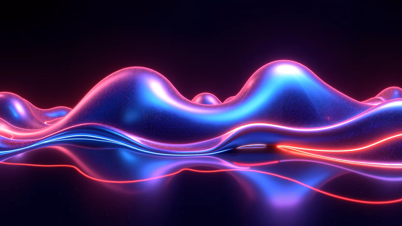 Vibrant neon waves in abstract art style, featuring smooth, fluid forms and glowing neon lines.