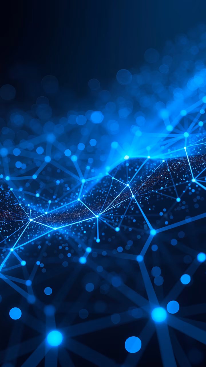 Futuristic network connections with glowing blue dots on a dark background.