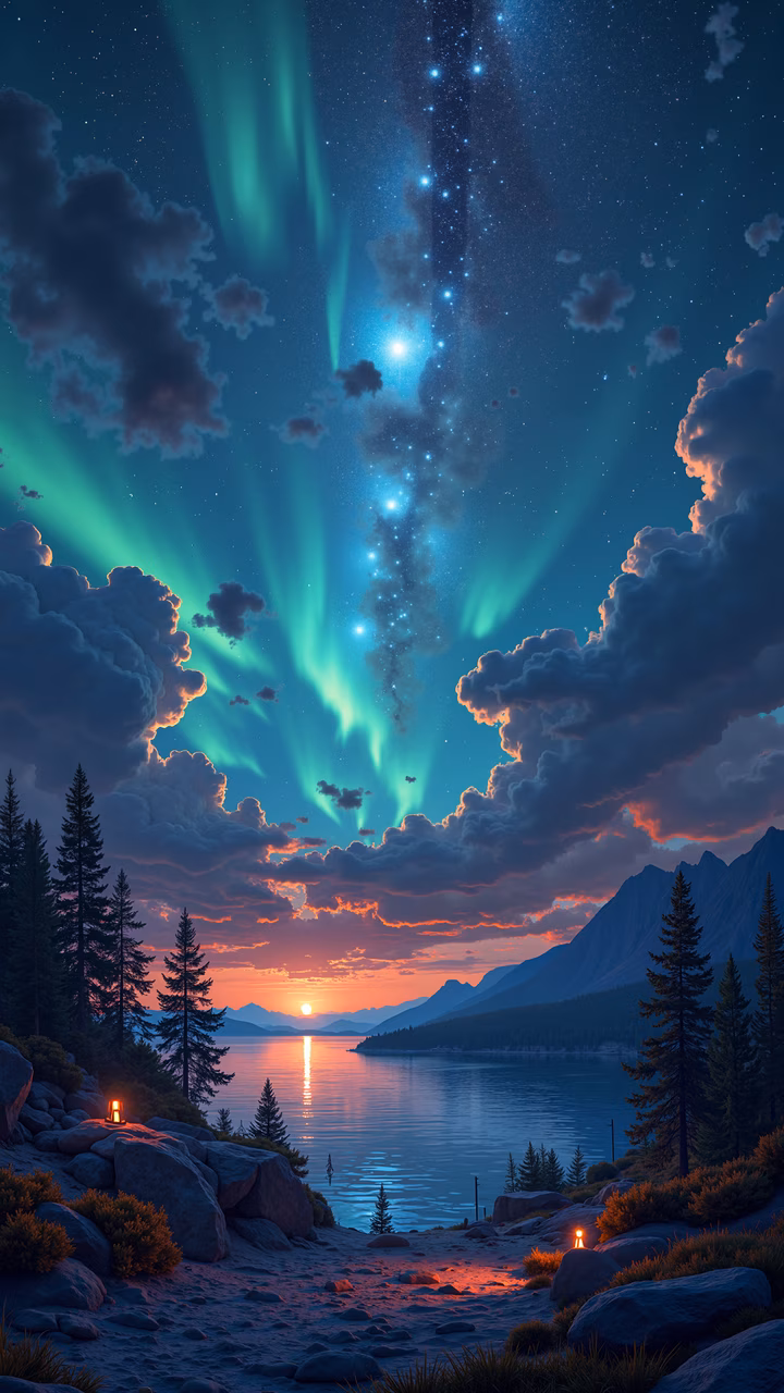 Mesmerizing Northern Lights over a serene lake at sunset, capturing the beauty of nature and tranquility.