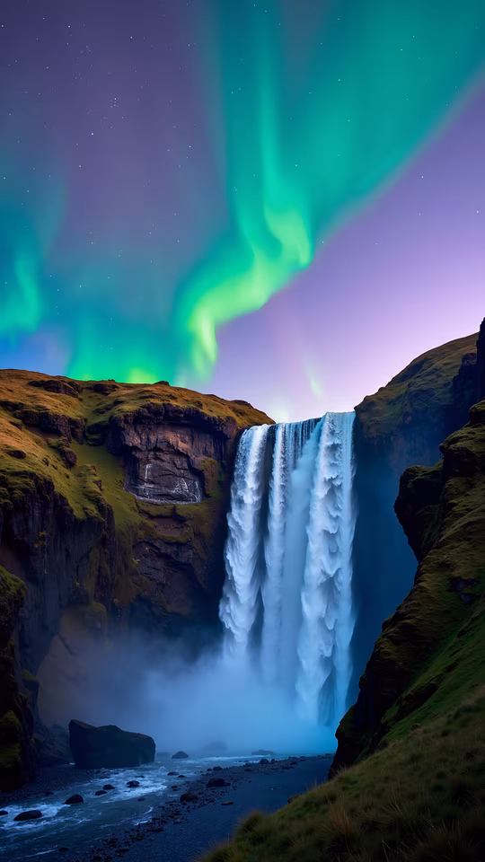 Northern Lights Over Skogafoss Waterfall