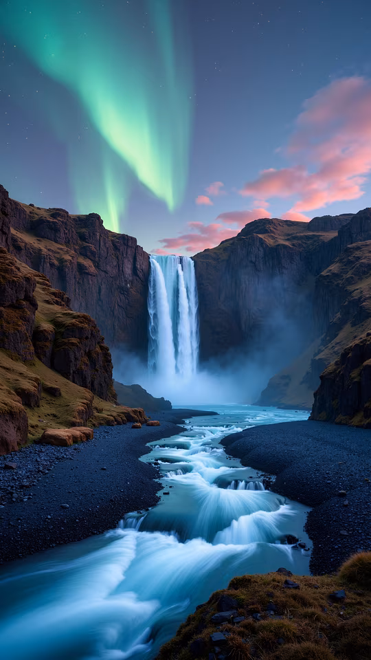 Northern Lights Over Skogafoss Waterfall