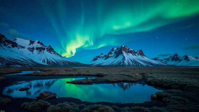 Northern Lights Over Snowy Mountains