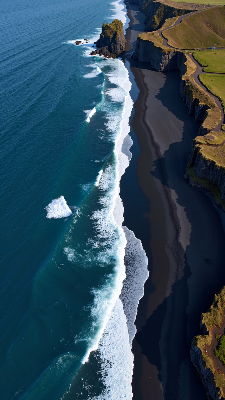 Aerial view of ocean waves crashing against rugged cliffs with lush green vegetation.
