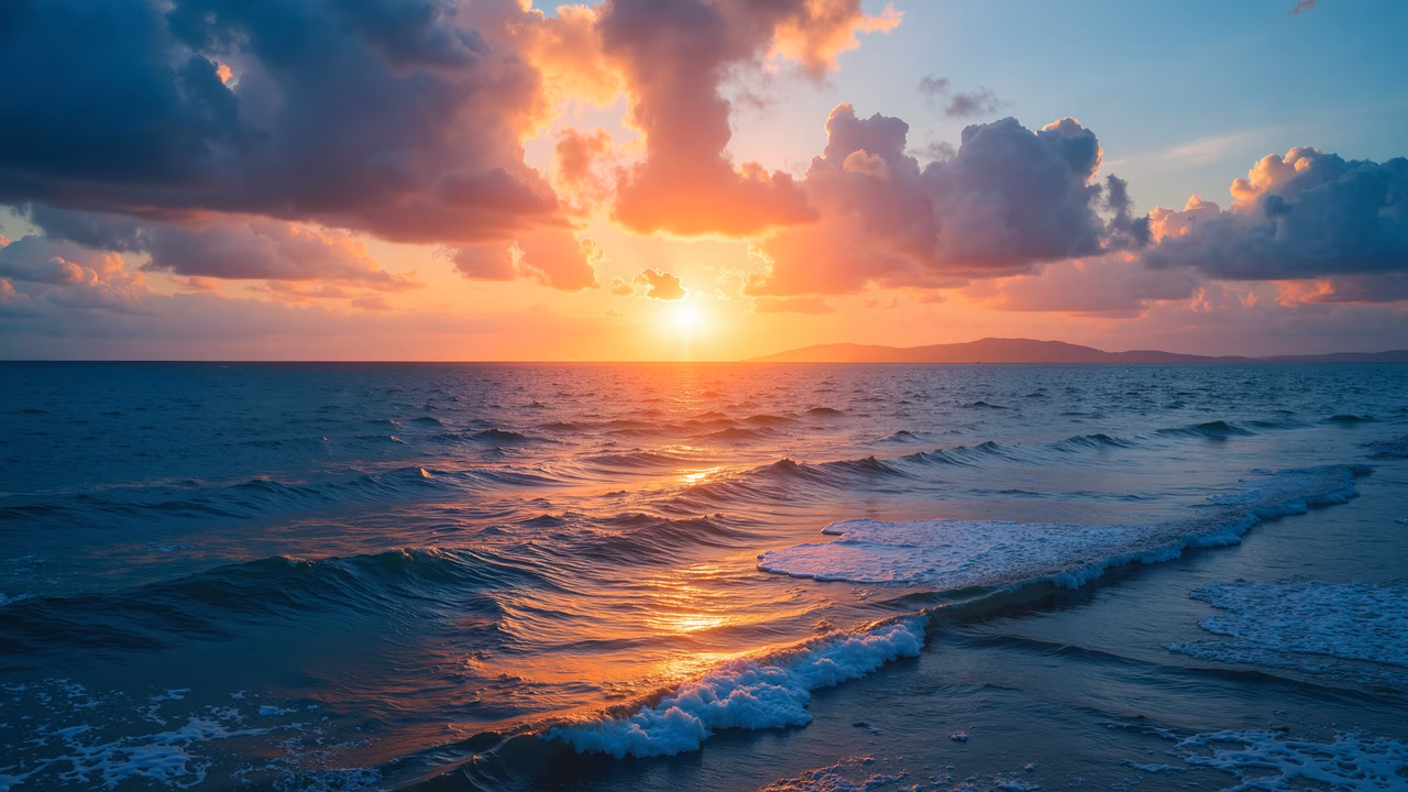 Vibrant ocean sunset illustration with dramatic clouds and serene waves.