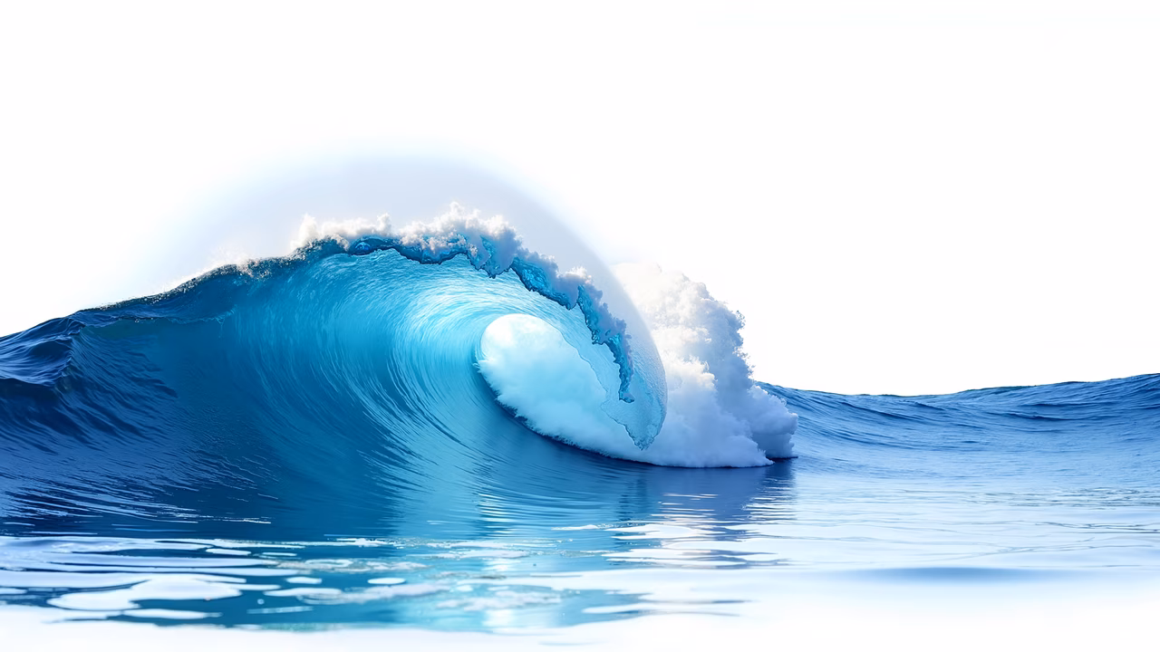 Dynamic ocean wave illustration, vibrant blue hues, realistic style, powerful yet tranquil nature scene