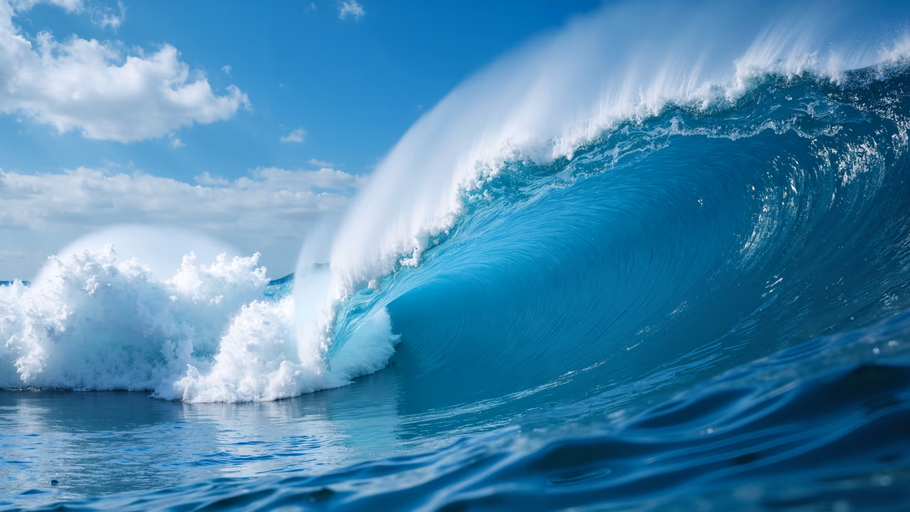 A stunning close-up of a powerful ocean wave in vivid blues and whites, showcasing nature's raw beauty.