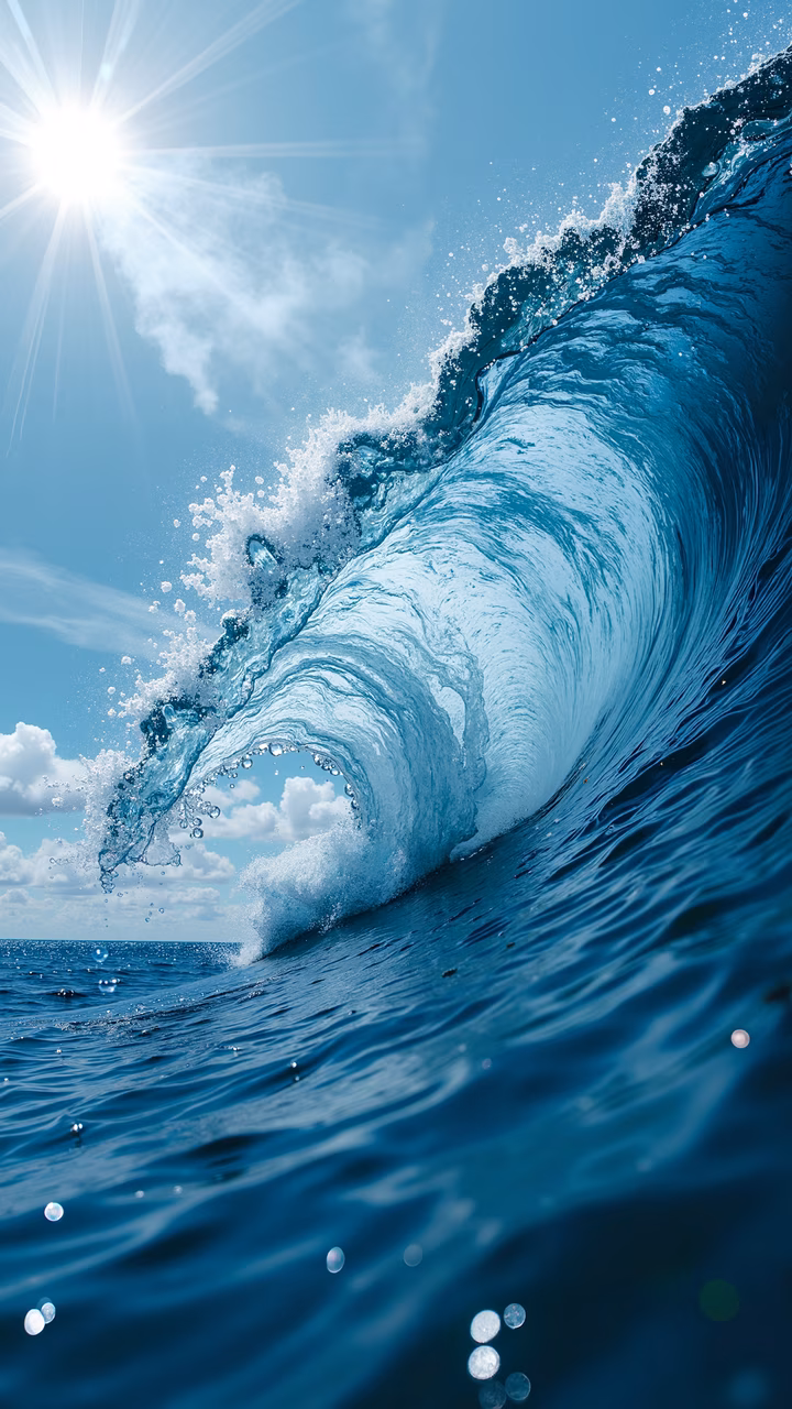 A breathtaking close-up of an ocean wave in action, showcasing its vibrant blue hues and dynamic movement.