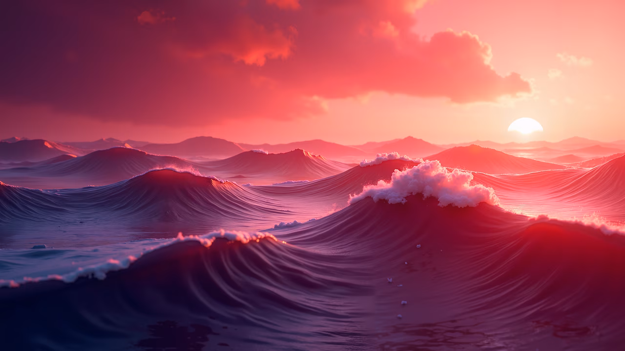 Vibrant ocean waves at sunset, serene nature scene
