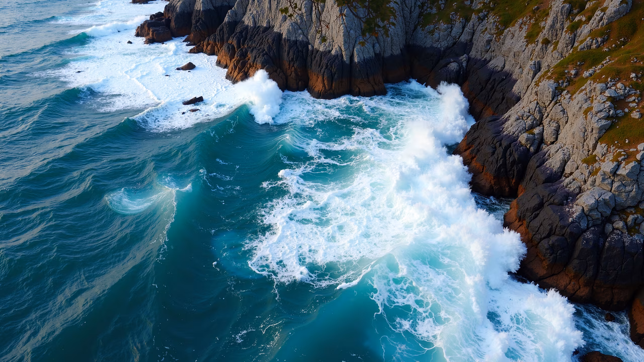 Aerial view of ocean waves crashing against rocky cliffs, showcasing vibrant turquoise waters and rugged terrain.