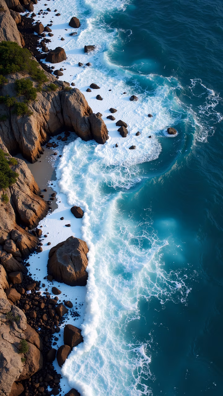 Aerial view of ocean waves crashing on rocky shores with vibrant blue water and white foam.