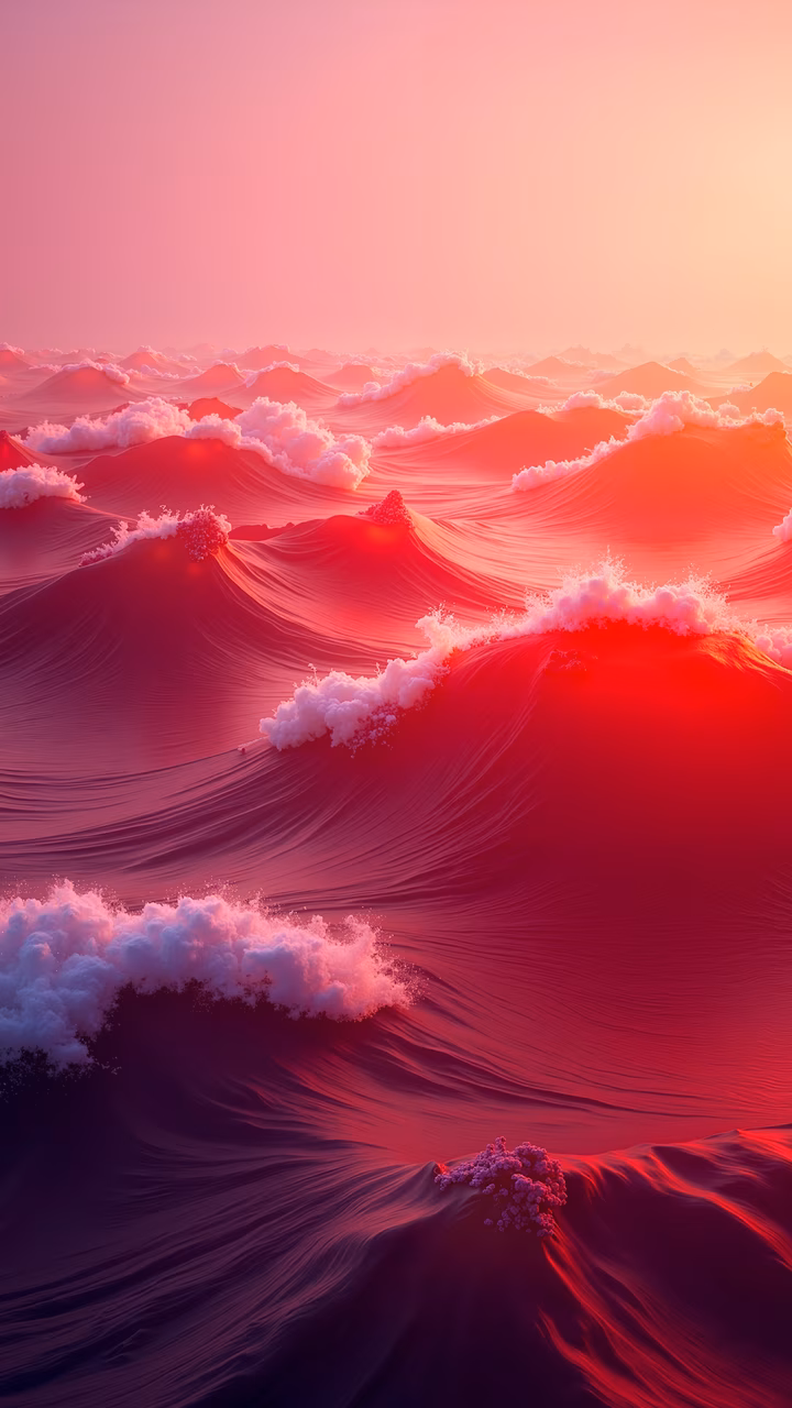Vibrant ocean waves illustration with dynamic motion and dramatic sky gradients.