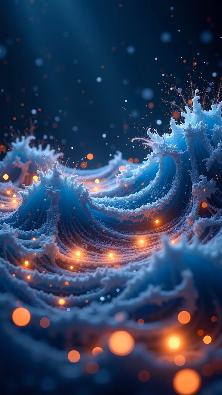Dynamic ocean waves with swirling blue and white hues, illuminated by warm orange lights, creating a magical and ethereal atmosphere.
