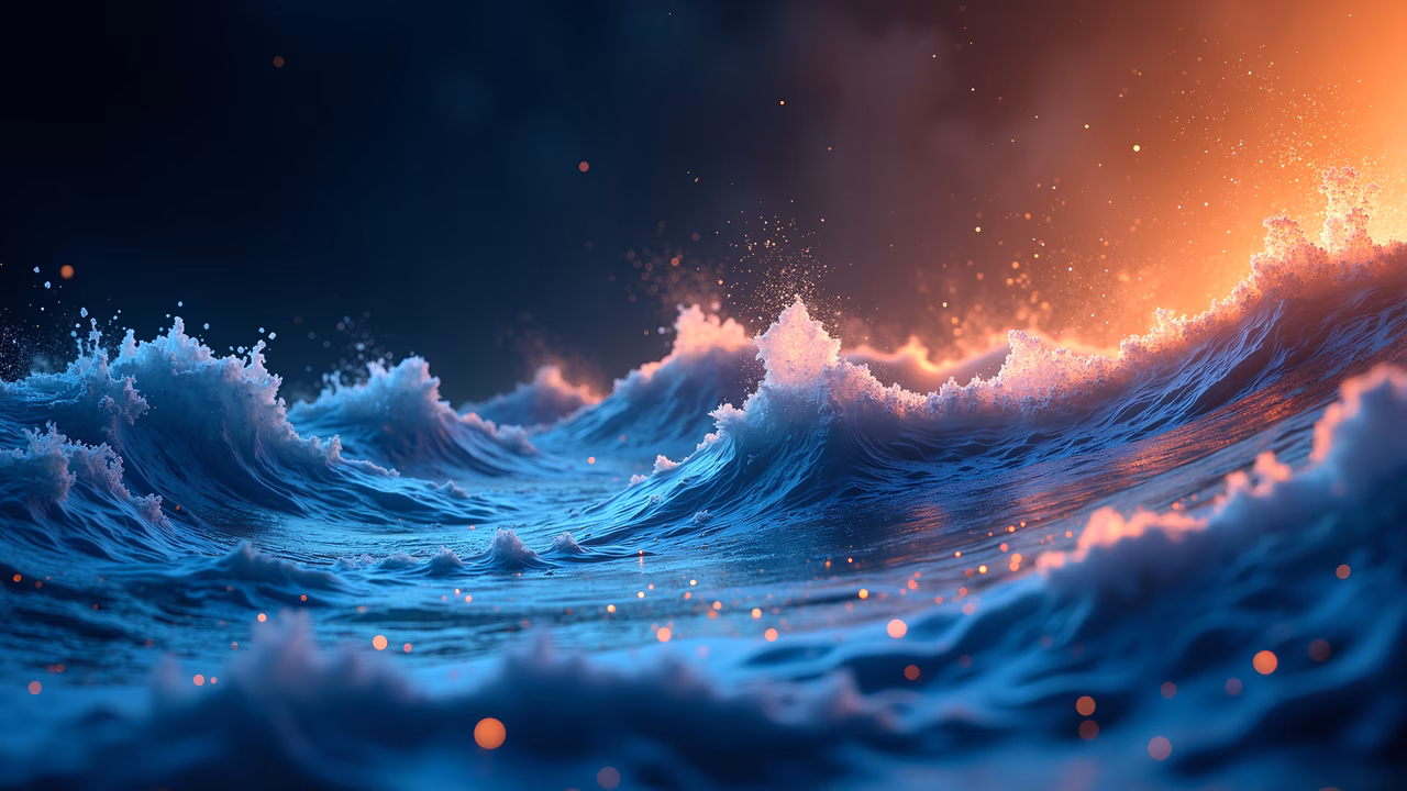 Dynamic ocean waves under a dramatic sky, featuring realistic textures and glowing particles.