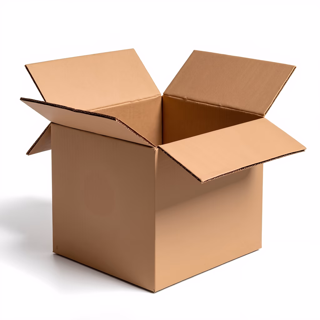 An open cardboard box with flaps spread out, emphasizing packaging design and simplicity.