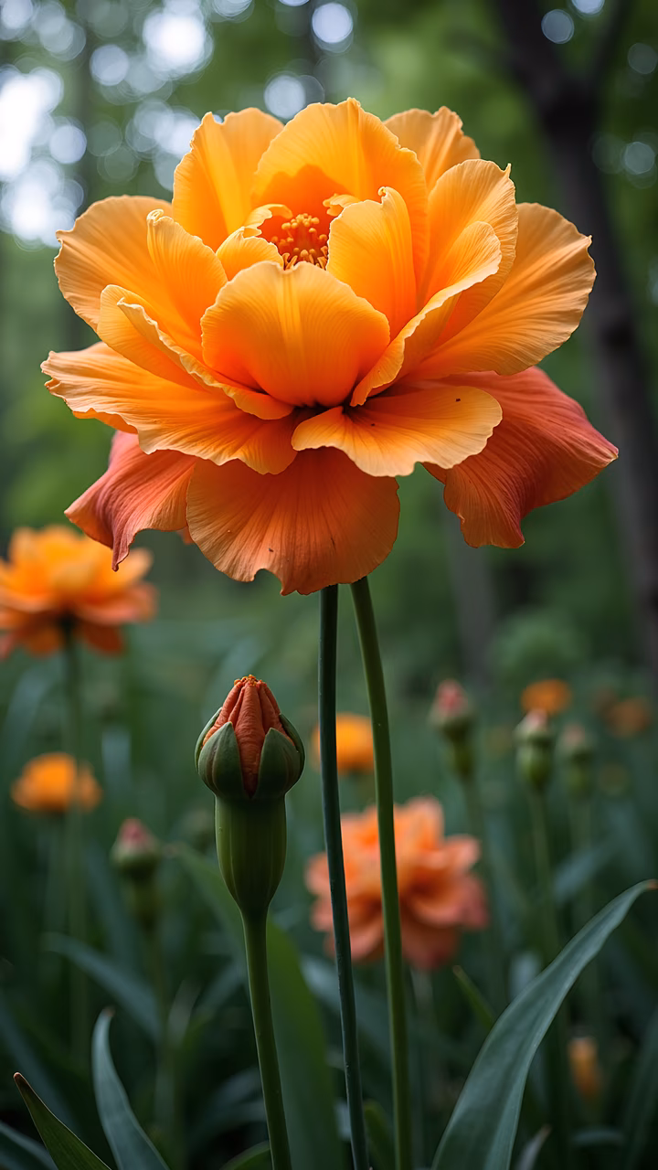 Vibrant orange tulip blooming amidst lush greenery, capturing the essence of spring.
