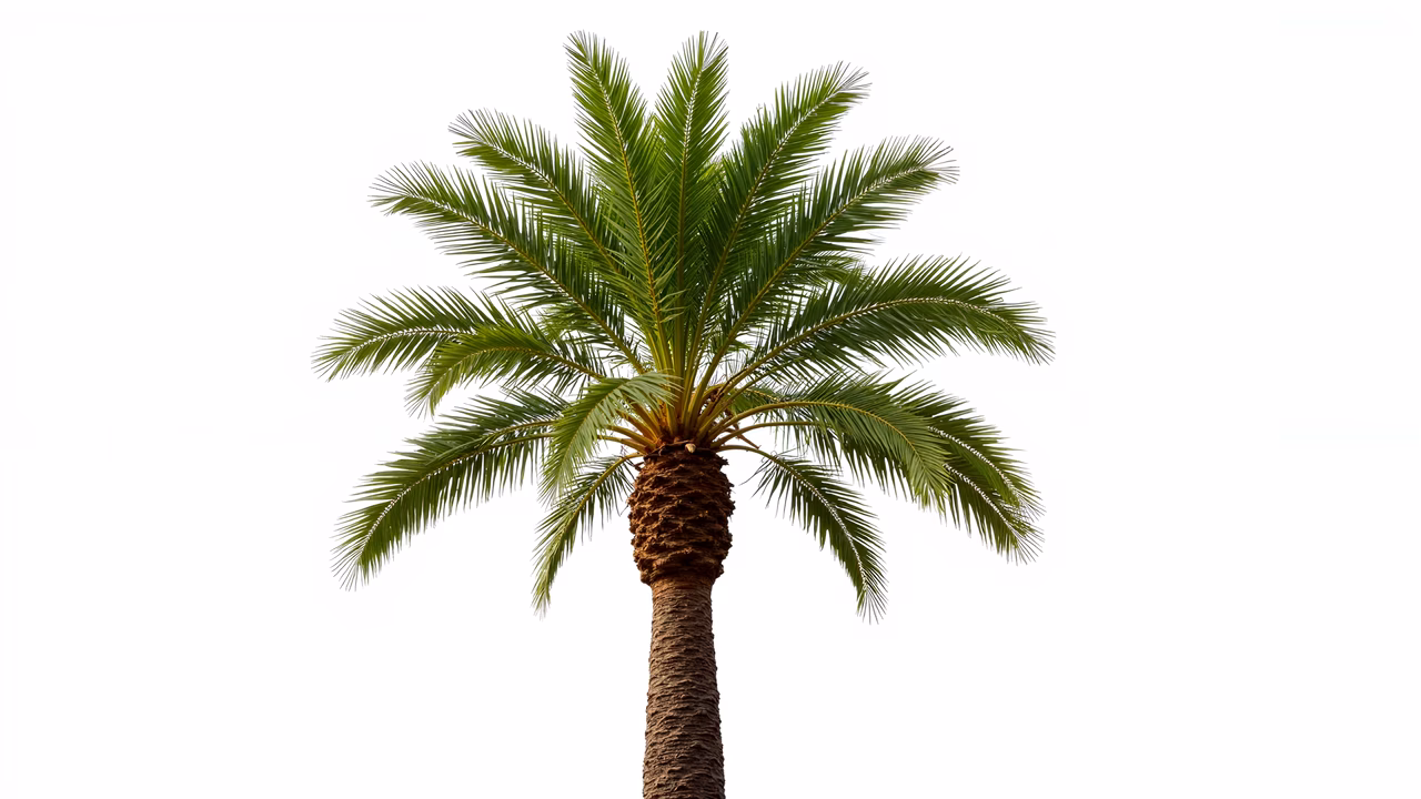 A palm tree illustration with vibrant green fronds and a textured brown trunk, set against a plain white background.