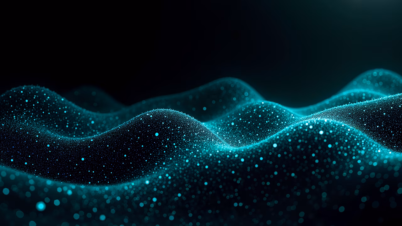 Mesmerizing particle waves in teal and blue hues, abstract art