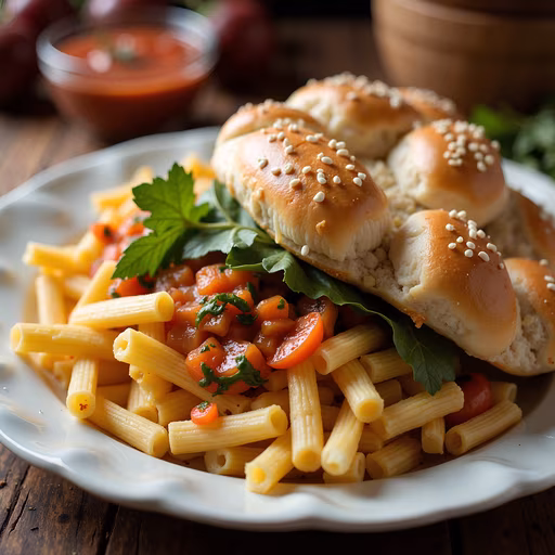 Pasta with Tomato Sauce and Sesame Seed Rolls