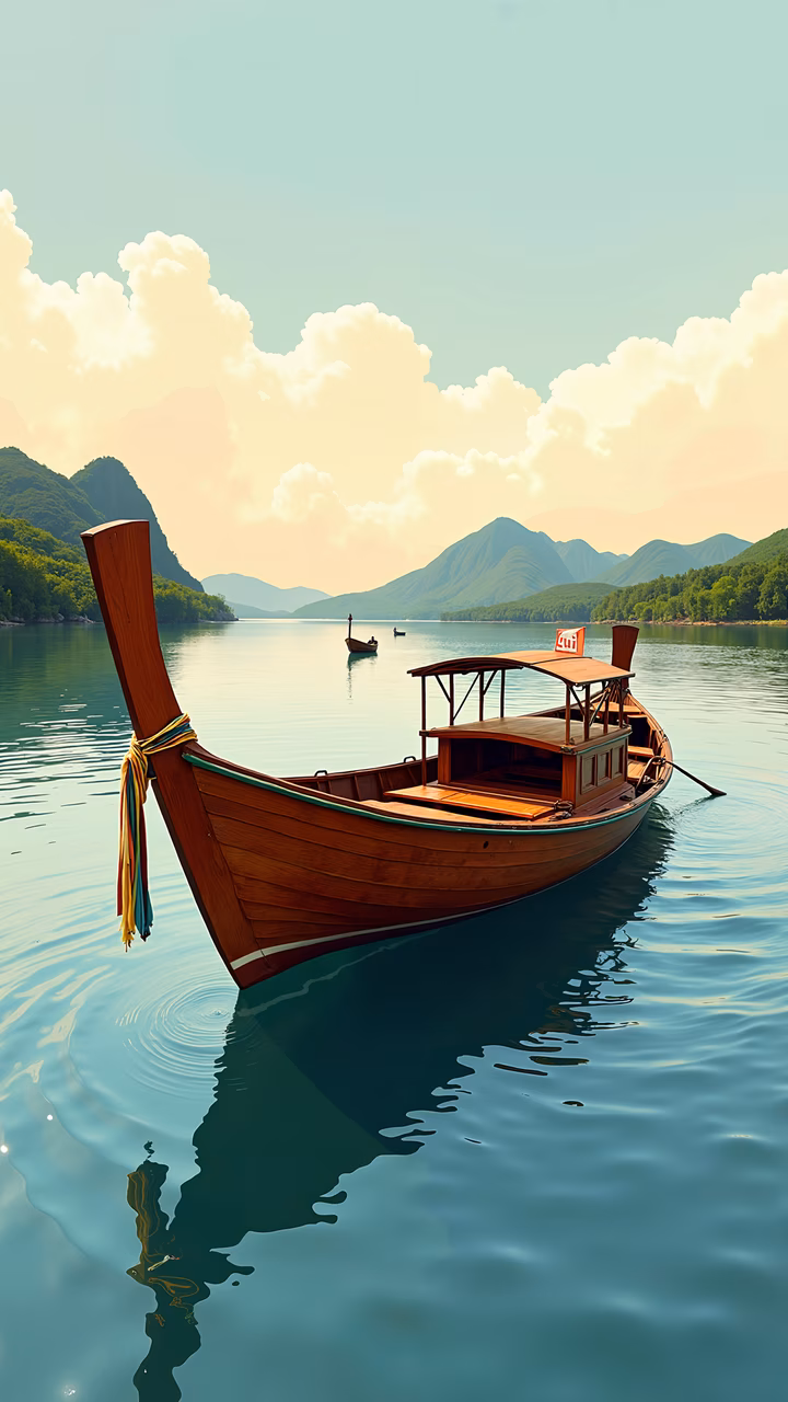 A peaceful boat ride amidst lush green mountains and a soft pastel sky.