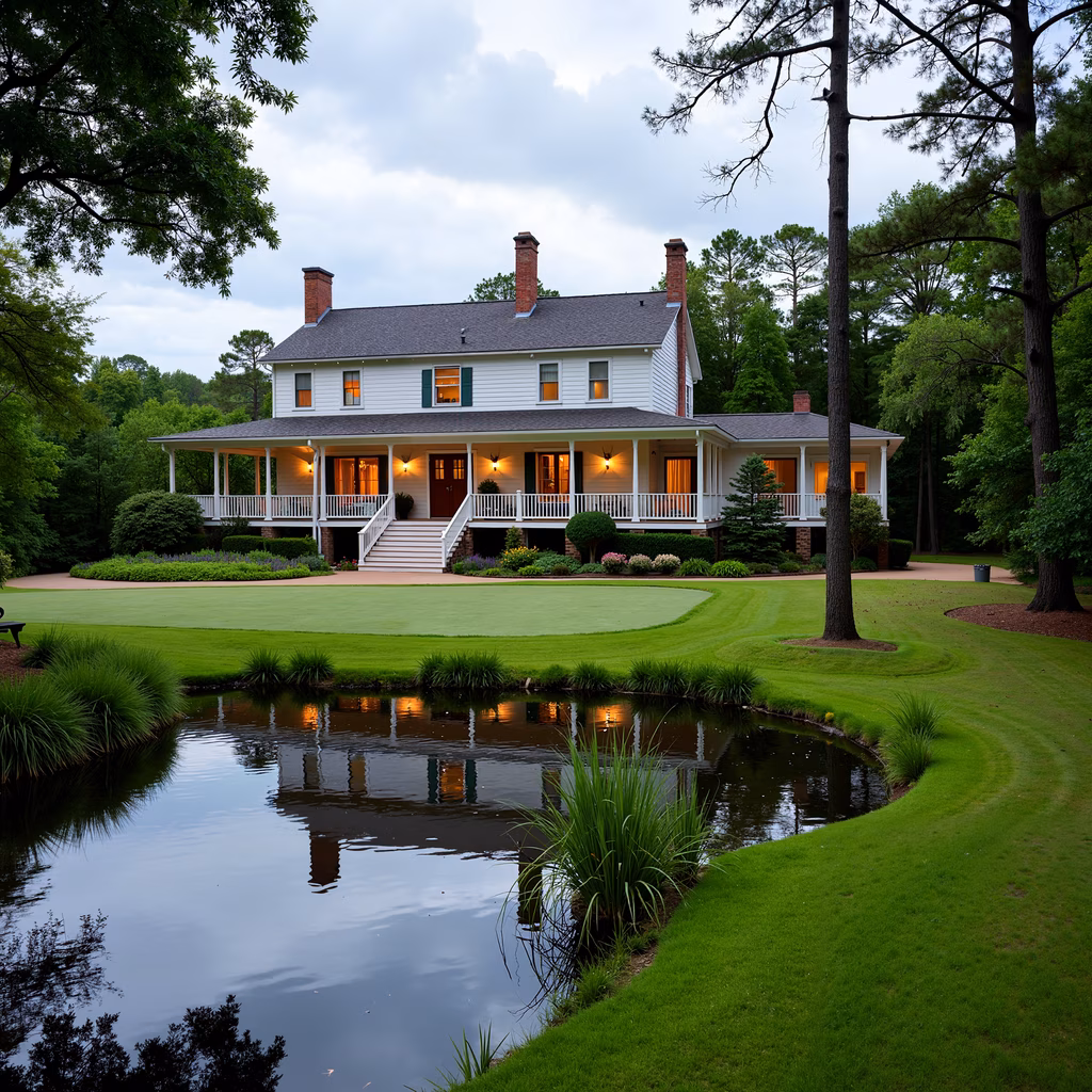 A peaceful country estate with a two-story white house and a tranquil pond, surrounded by lush greenery and warm lighting.
