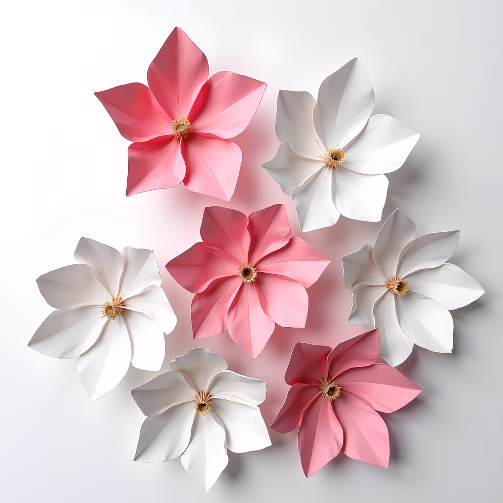 Delicate paper flowers in pink and white, elegant and simple design.