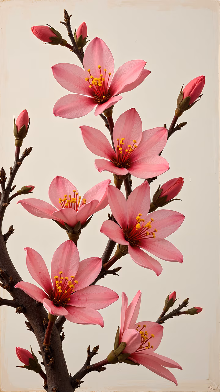 Vibrant pink blossoms in full bloom, delicate petals, bright yellow stamens, serene atmosphere