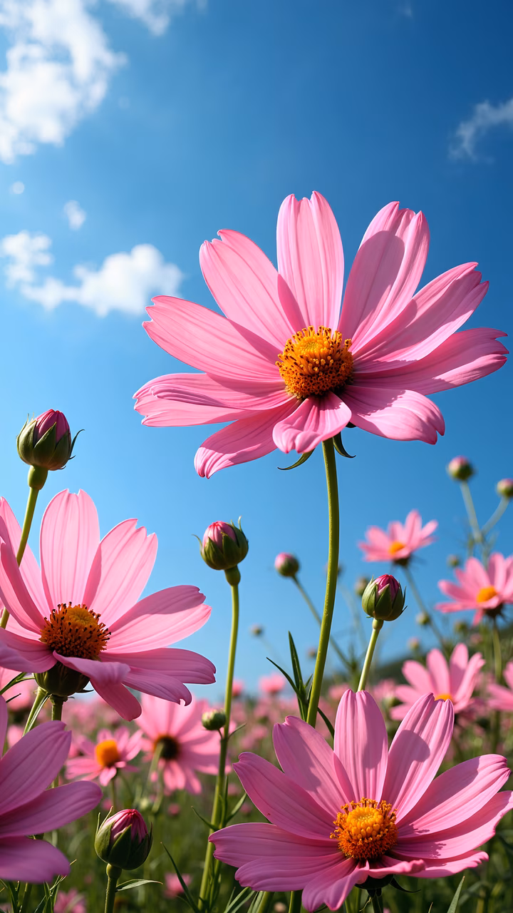 Vibrant pink cosmos flowers under a clear blue sky, evoking freshness and tranquility.