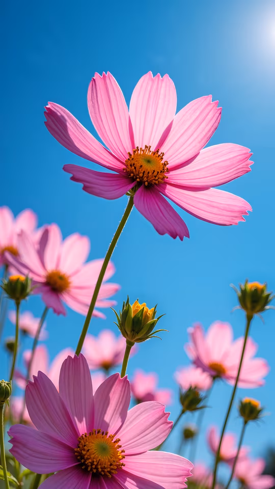 Pink Cosmos Flowers Against Blue Sky