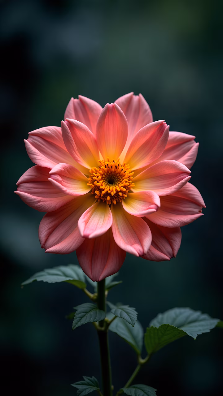 Close-up of a vibrant pink dahlia flower with a yellow center, set against a dark green background.