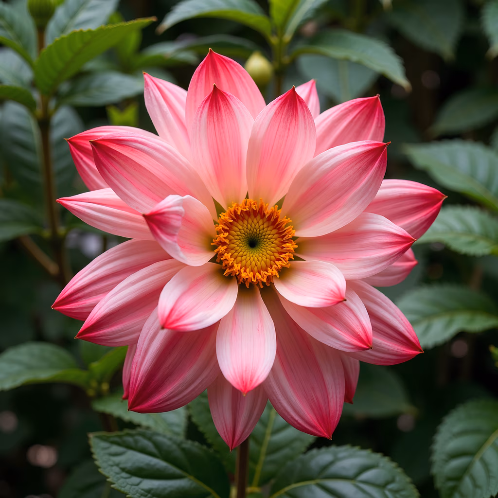 Vibrant pink dahlia with delicate petals and a bright yellow center, surrounded by lush green foliage.