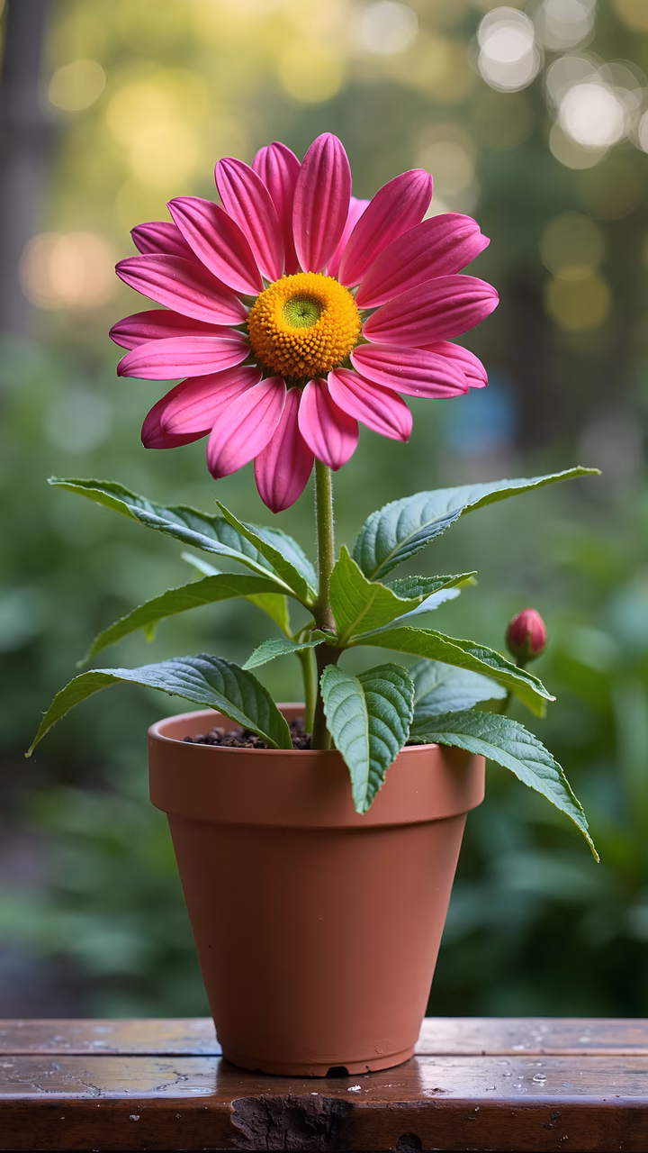 Vibrant pink daisy in terracotta pot, lush green leaves, soft bokeh background