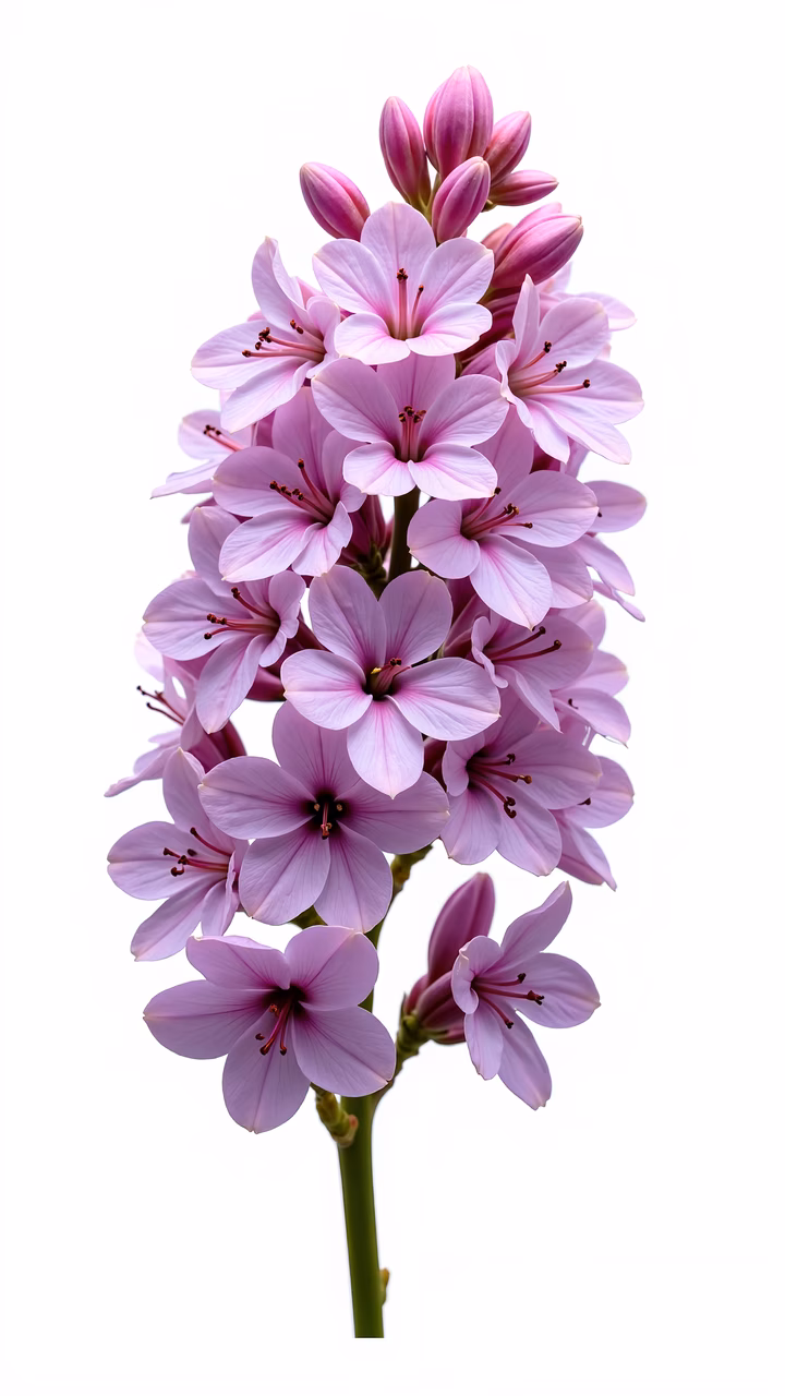Delicate pink flowers with vibrant green stems and buds on a white background.
