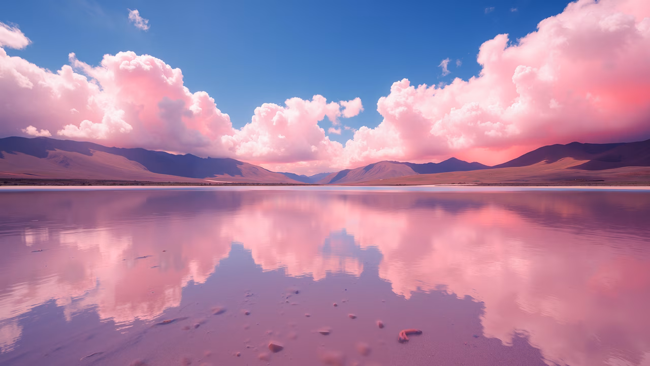 A tranquil pink lake with reflective sky and mountain reflections, creating a peaceful and dreamy atmosphere.
