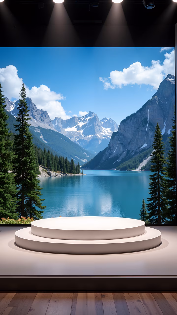 Modern podium in front of a tranquil mountain landscape with pine trees and a serene lake.