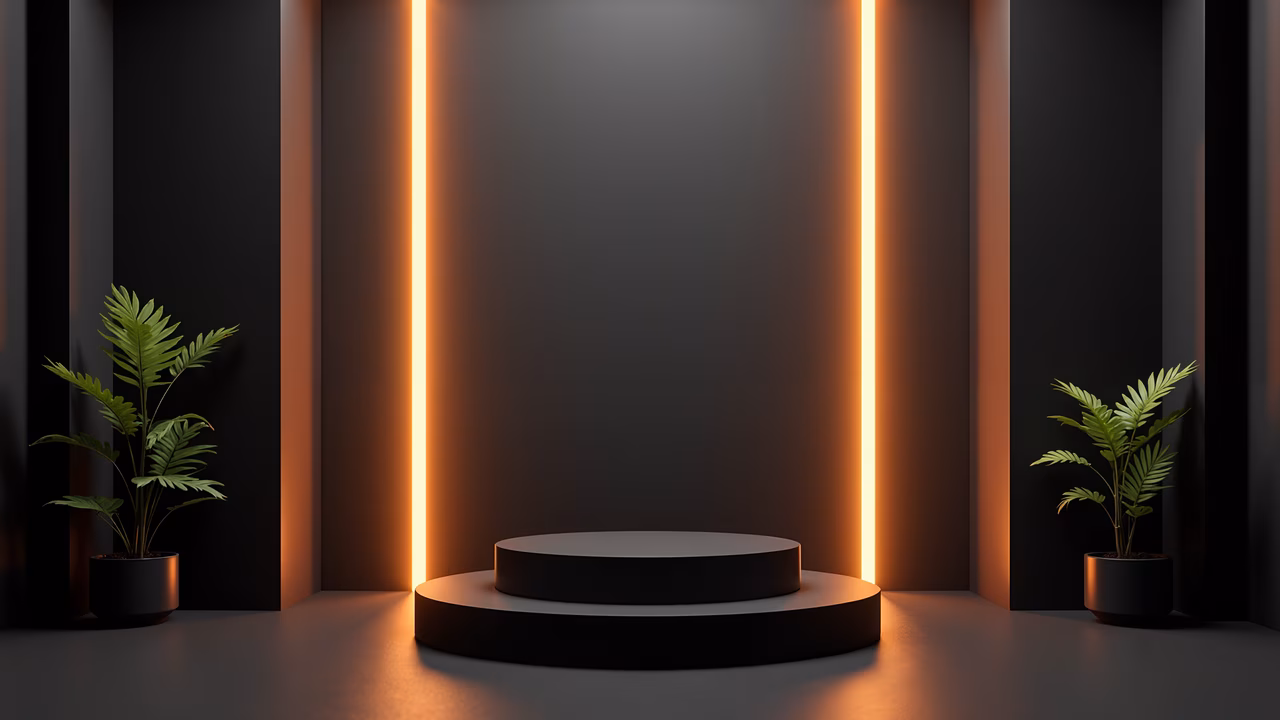 Minimalist black podium with neon lights and green plants, creating a serene and sophisticated atmosphere.